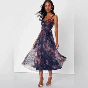 Lulus Alluring Invite Midnight Blue Floral Pleated Bustier Midi Dress sz XL nwot